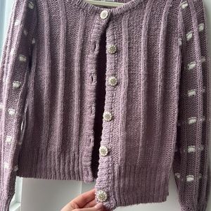 PURPLE CARDIGAN WITH FLOWER BUTTONS